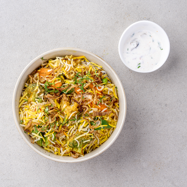 Chettinadu Vegetable Biryani with Eggplant Raita